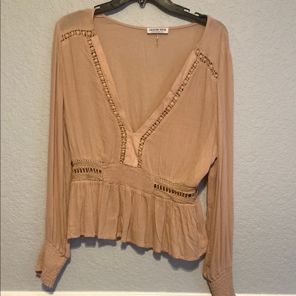 Free People Tan V-Neck Blouse with Lace Accents - Picture 1 of 3